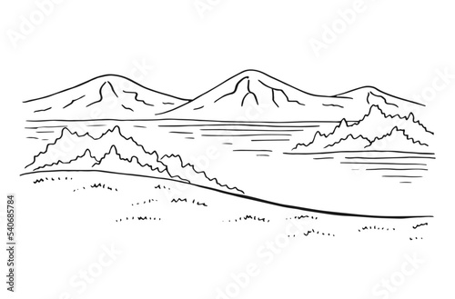 Landscape with lake and mountains. Hand drawn illustration converted to vector.