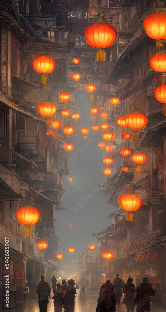 A shopping street in the Chinese imperial city. Traditional lighting equipment of Japan. Chinese lantern.
Chinese New Year 2023, 3d illustration.