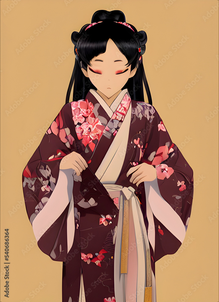 a girl wearing a kimono , a large anthropomorphic asian , anime art. 3d illustration. geisha, Japan a girl wearing a kimono , a large anthropomorphic asian , anime art. 3d illustration. geisha, Japan