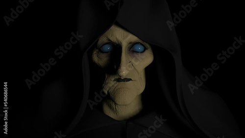 Spooky old blind witch in the darkness 3D 4K Halloween animation