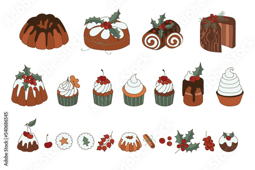 New Years Christmas Desserts Cupcakes and Chocolate Cakes isolated on a white background.