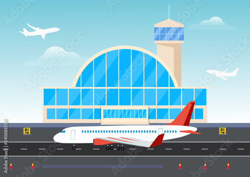 Airport buildings and planes on the runway.Airplane planning in airport building of airport runway skyline illustration