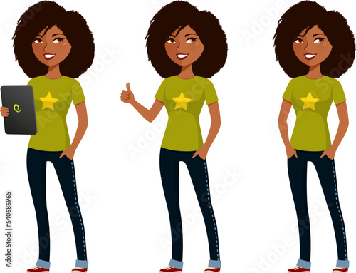 Funny teenage girl or student in street fashion outfit. Young African American woman, holding a tablet or showing thumbs up. Cartoon character, isolated on white.