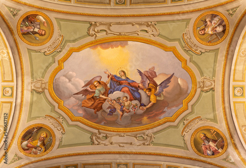 COURMAYEUR, ITALY - JULY 12, 2022: The ceiling fresco of Assumption in church in the church Sanctuary of Notre Dame de Guerison by Giuseppe Stornone (1816 - 1890).