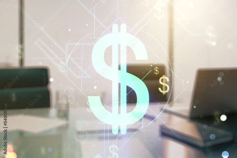 Creative USD symbols sketch and modern desk with computer on background, strategy and forecast concept. Multiexposure Creative USD symbols sketch and modern desk with computer on background, strategy and forecast concept. Multiexposure