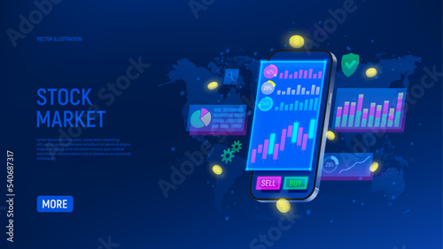 Concept of stock market mobile app. 3d vector illustration with analytics, finance and trading mobile app. Smartphone app with mobile banking. Online technology concept. UI, UX interface.