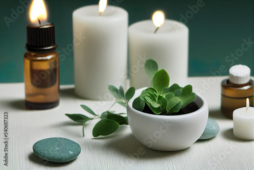 spa massage aromatherapy wellness accessories, stones, candles, oils, plants