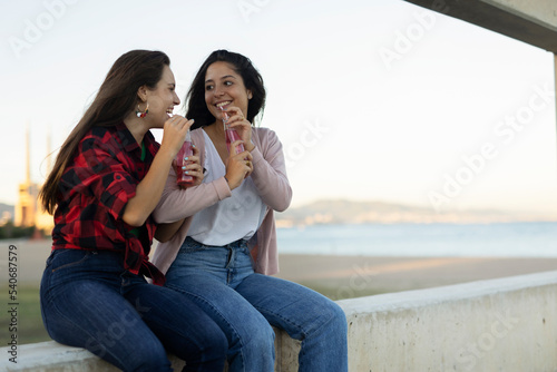 A beautiful lesbian young couple embraces. Girls drinking juice. LGBT community
