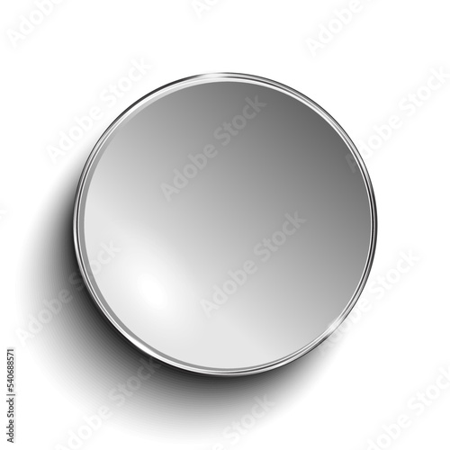 Grey circle button with chrome frame isolated on white background. 3d rendering