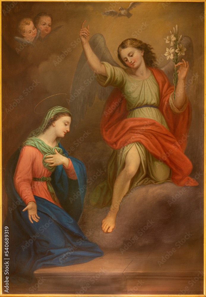 COURMAYEUR, ITALY - JULY 12, 2022: The painting of Annunciation in church Sanctuary of Notre Dame de Guerison by Giuseppe Stornone (1816 - 1890).