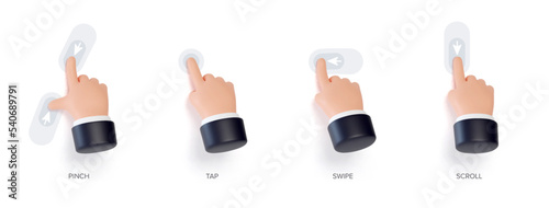 Hand touchscreen gestures. Vector 3d hands actions icons on touch screens like swipe, scroll, pinch, tap, zoom and slide touch. Vector 3d set