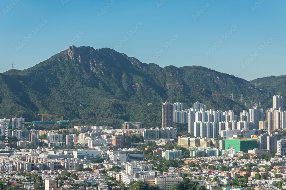 Landmark Mountain Lion Rock and Kowloon peninsula of Hong Kong city