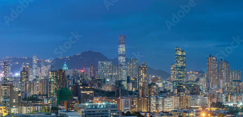 Photography Panorama of skyline of Hong Kong city at dusk