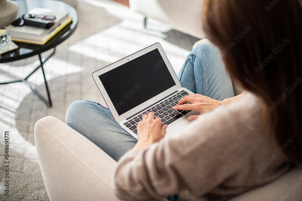 Naklejka premium Unrecognizable woman relaxing in the armchair and using a laptop