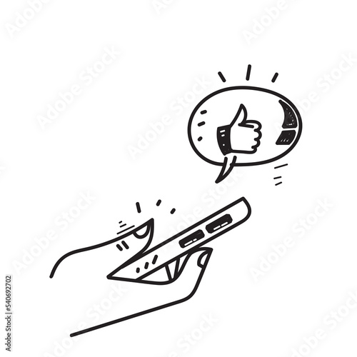 hand drawn doodle mobile phone with like button sign symbol illustration vector