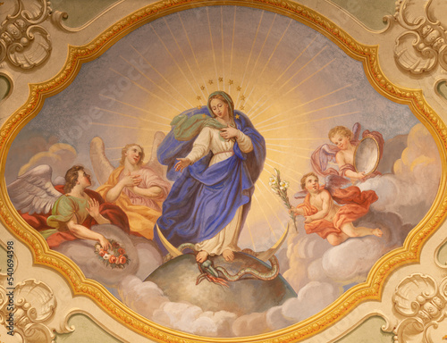 COURMAYEUR, ITALY - JULY 12, 2022: The ceiling fresco of Immaculate Conception in church in the church Sanctuary of Notre Dame de Guerison by Giuseppe Stornone (1816 - 1890).