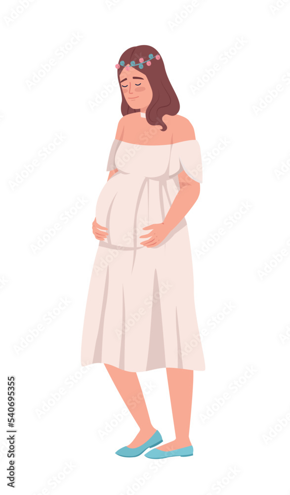 Happy pregnant woman hugging belly semi flat color vector character. Editable figure. Full body person on white. Maternity simple cartoon style illustration for web graphic design and animation Happy pregnant woman hugging belly semi flat color vector character. Editable figure. Full body person on white. Maternity simple cartoon style illustration for web graphic design and animation