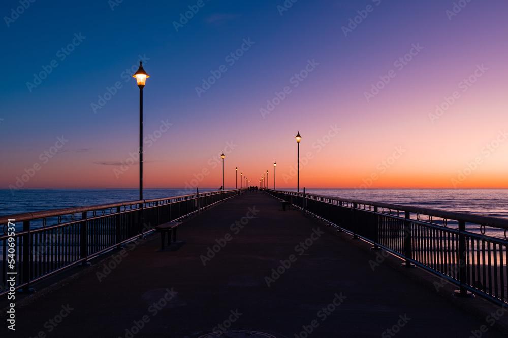 Perspective view of New Brighton Pier at dawn, Christchurch, New Zealand.
