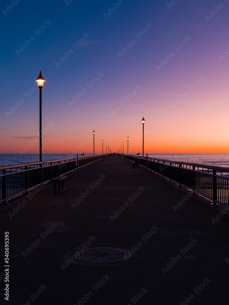 Perspective view of New Brighton Pier at dawn, Christchurch, New Zealand.