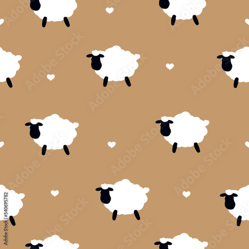 Simple sheep pattern. Cute white sheep and small hearts. Beige background. Fashionable print for children's textiles and wallpaper, packaging.