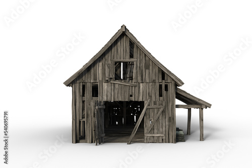 3D illustration of a decrepit old wooden barn viewed through open doors isolated on a transparent background. photo