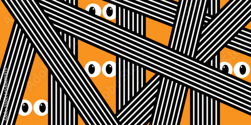 Pattern of haloween pumpkins. Pumpkins with burning eyes on a striped background.