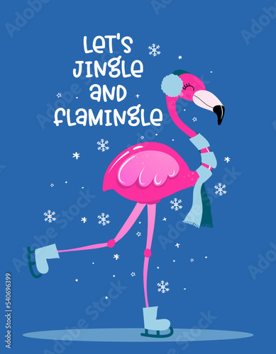 Let's jingle and flamingle - Calligraphy phrase for Christmas with cute flamingo girl. Hand drawn lettering for Xmas greetings cards, invitations. Good for t-shirt, mug, scrap booking, gift. photo