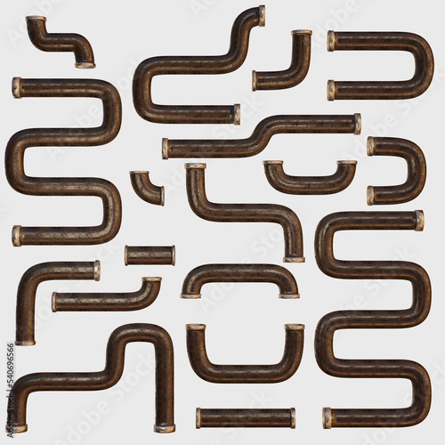 pipes with different bends covered with rust on a white background. set. 3d render illustration