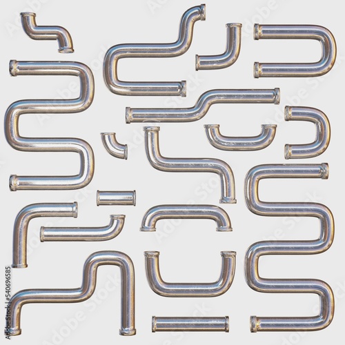 chrome pipes with different bends on a white background. 3d render illustration
