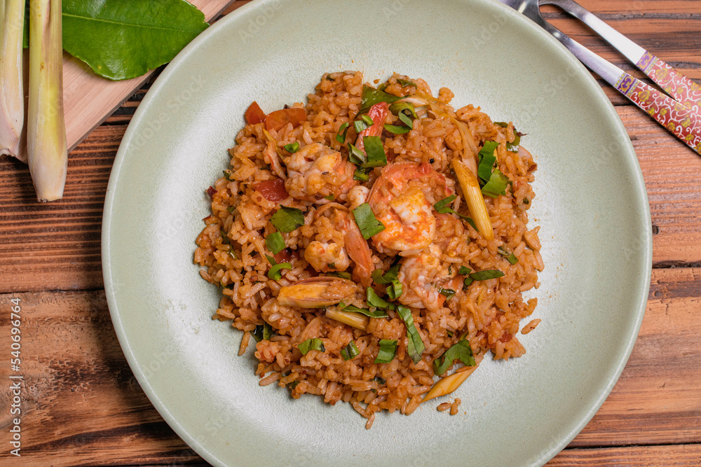 Fried rice with tom yum goong in a plate Fried rice with tom yum goong in a plate