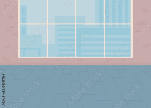 Studio with panoramic window in city flat color vector illustration. Spacious office for rent. Contemporary real estate. Fully editable 2D simple cartoon interior with cityscape on background