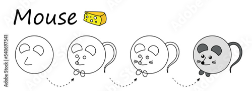 Kid coloring worksheet, Step by step instructions for drawing a mouse. Easy educational game for preschool children, applique
