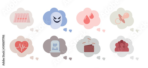Reasons of anxiety semi flat color vector objects set. Editable elements. Full sized items on white. Simple cartoon style illustrations pack for web graphic design and animation. Bebas Neue font used
