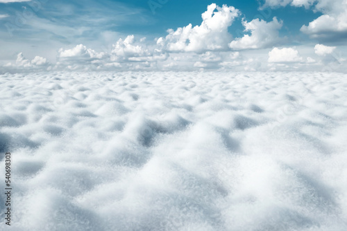 white fluffy clouds in sky horizon, creative background. 3D illustration, 3D render. © Aliaksandr Marko