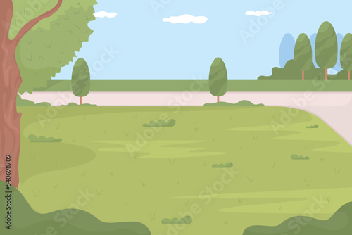 Empty summer park flat color vector illustration. Lawn in urban garden. Public place for walking and recreation. Fully editable 2D simple cartoon landscape with blue sky on background