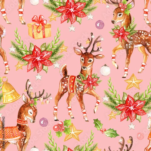 Seamless pattern deer with Christmas plants watercolor pink