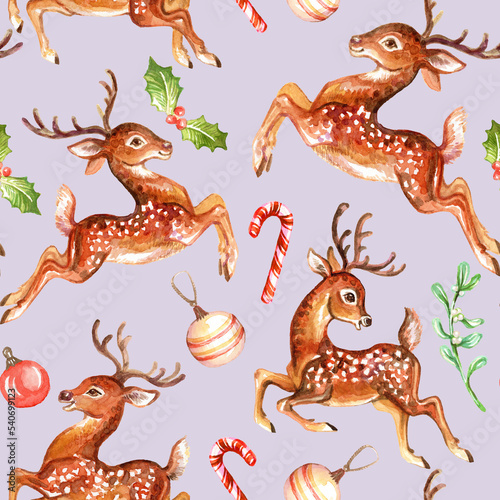 Seamless pattern deer with Christmas plants watercolor purple
