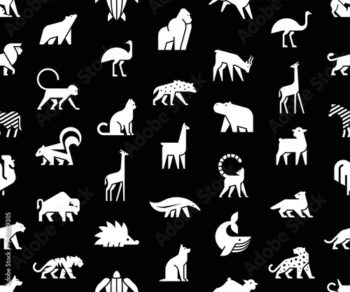 Seamless pattern with Animals logos. Animal logo set. Isolated on Black background