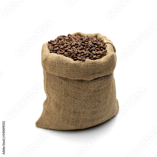 Coffee beans in burlap sack isolated on white background
