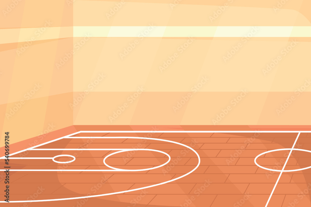 Empty basketball court in gym flat color vector illustration. Field for sports game. Athletic activity in school. Fully editable 2D simple cartoon interior with gymnasium on background