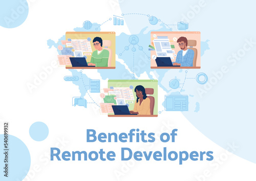 Remote developers benefits flat vector banner template. Hiring freelance workers advantages poster, leaflet printable color designs. Editable flyer page with text space. Palanquin Dark font used