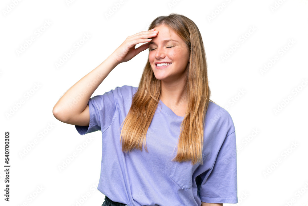 Young beautiful woman over isolated background smiling a lot Young beautiful woman over isolated background smiling a lot