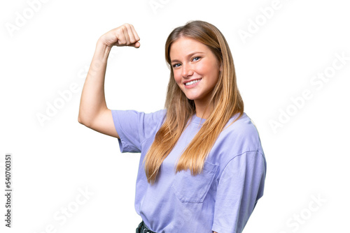 Young beautiful woman over isolated background doing strong gesture