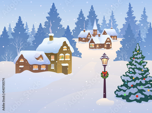 Vector illustration of a snowy scene in a small Christmas town, snow covered landscape