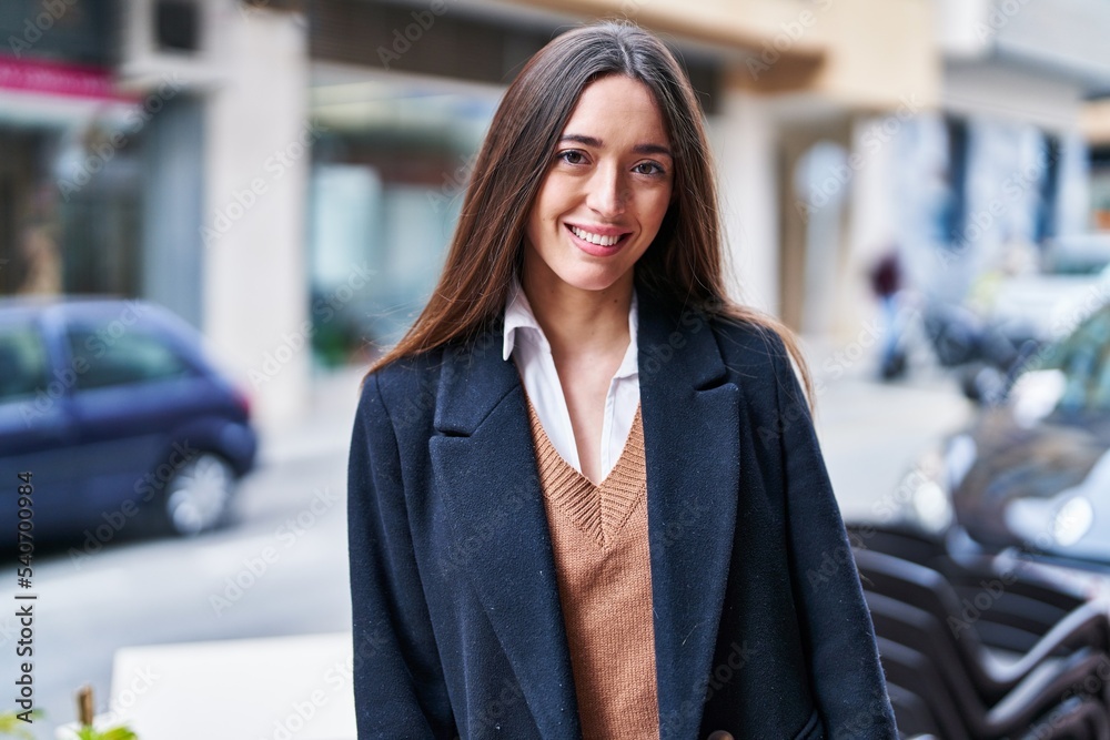 Young beautiful hispanic woman smiling confident standing at street Young beautiful hispanic woman smiling confident standing at street