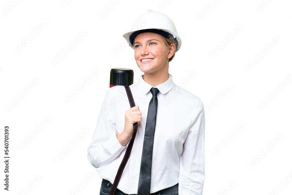 Young architect caucasian woman with helmet and holding blueprints over isolated background happy and smiling Young architect caucasian woman with helmet and holding blueprints over isolated background happy and smiling