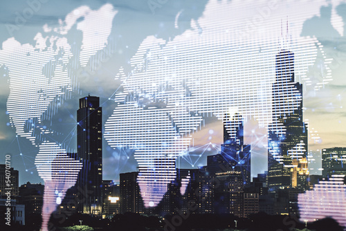 Abstract creative digital world map on Chicago cityscape background, globalization concept. Multiexposure