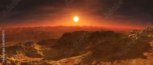 Martian landscape  sunset on Mars  Mars at sunrise  panorama of Mars  the face of Mars  3D rendering