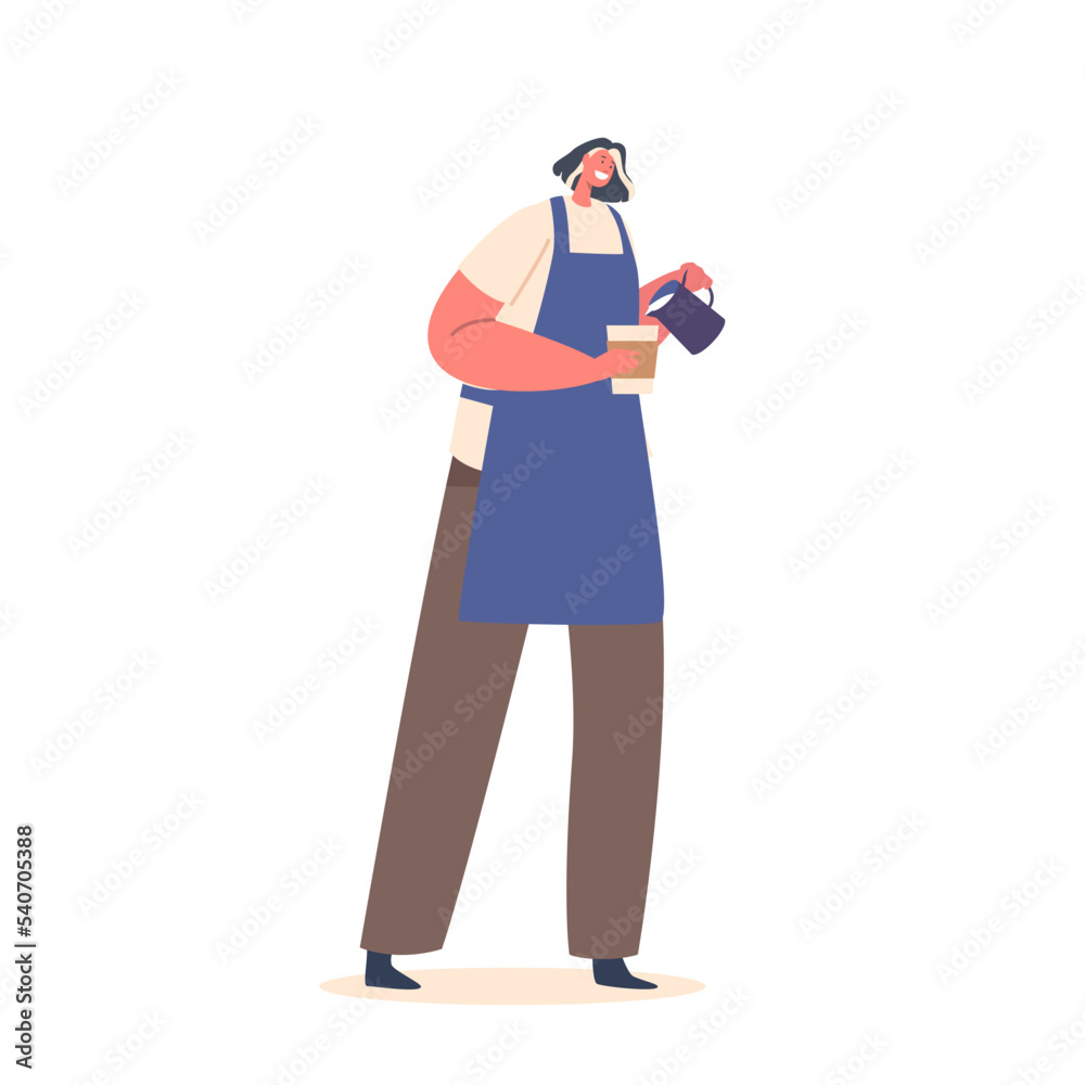 Barista Female Character Wear Apron Work In Cafe Or Coffee Shop Cooking Fresh Aromatic Beverage. Girl Making Coffee Barista Female Character Wear Apron Work In Cafe Or Coffee Shop Cooking Fresh Aromatic Beverage. Girl Making Coffee