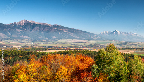 Autumn landscape with colorful trees and high peaks at background